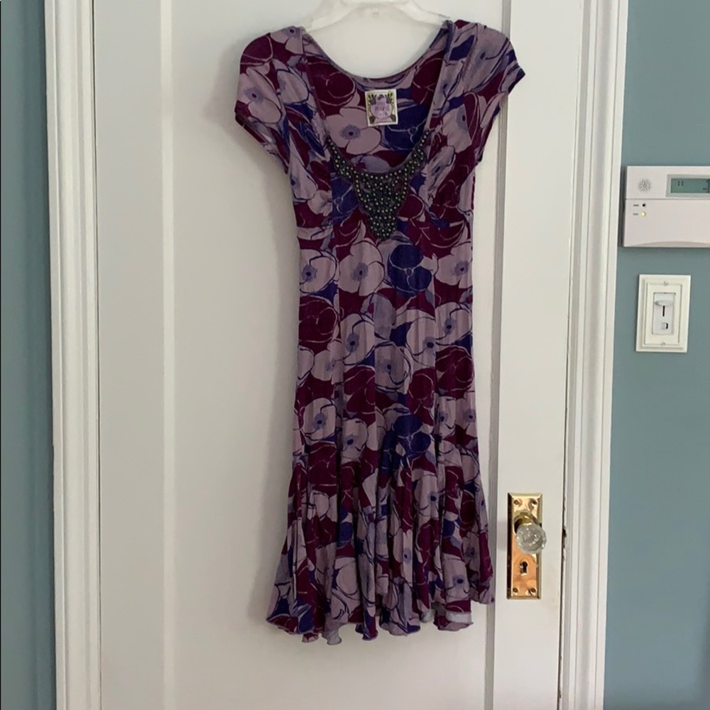 Free People Purple Floral Jersey Beaded Dress